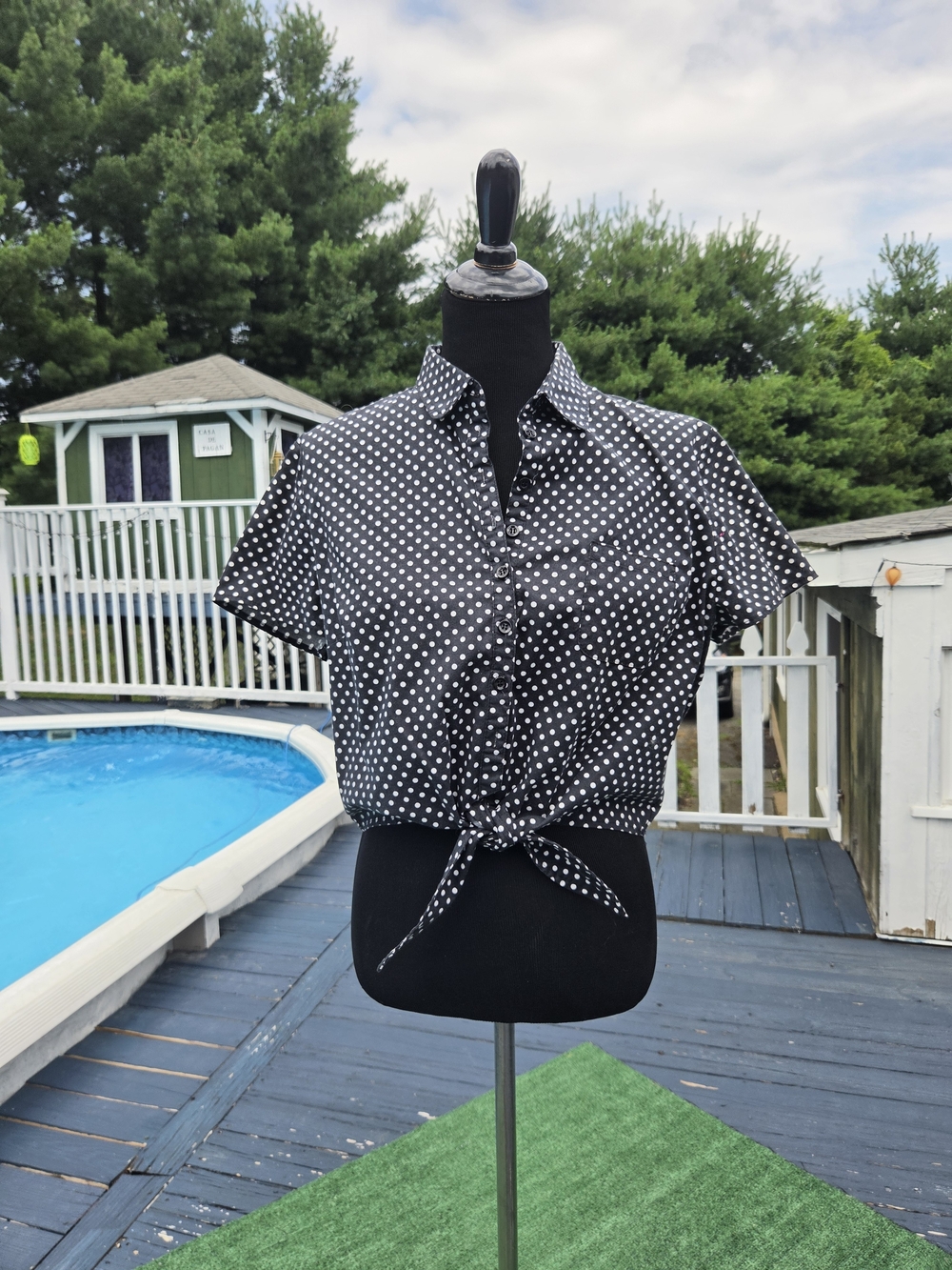 Tatyana Black and White Polka Dot Tie-Front Blouse